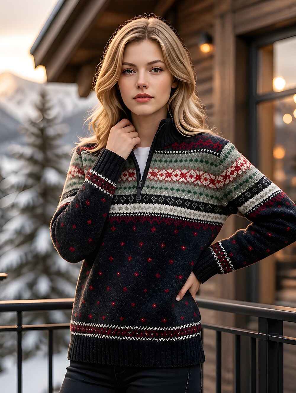 Lauren Ralph Lauren Fair Isle Quarter Zip Sweater Wool Blend Lg Hand Knit Preppy